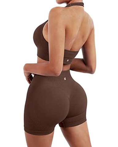 SUUKSESS Women Two Piece Seamless Ribbed Workout Sets Outfits Backless Halter Sports Bra Booty Biker Shorts (Dark Brown, M) - Image 3