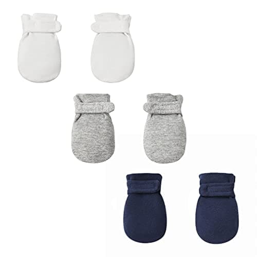Newborn Baby No Scratch Mittens Stay On, 100% Cotton Breathable, Adjustable Infant Gloves for Baby Boys Girls Mittens (0-3 Months, White/Navy/Gray) - Image 1