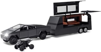 Cybertruck Model: 1/32 Diecast Metal Pick-Up Truck Trailer Toy with Motorcycle with Lights and Sounds for Boys, Ages 3 and Up (Gray, Pickup Trailer with RV - Image 3