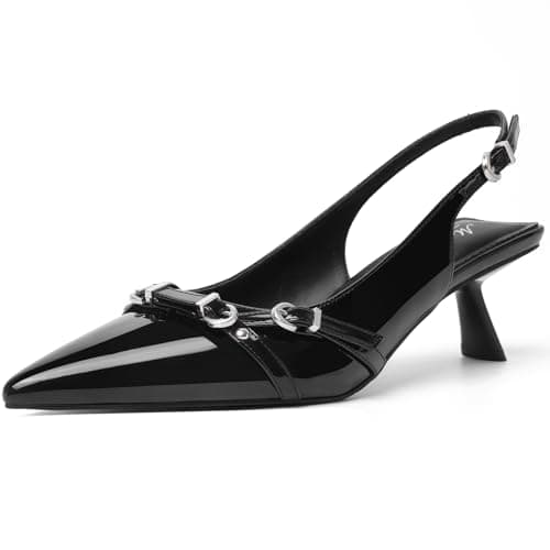Mostrin Black Kitten Heels for Women Sexy Pointed Toe Slingback Low Heels Dressy Pumps Shoes with Buckle for Party Size 7 - Image 1