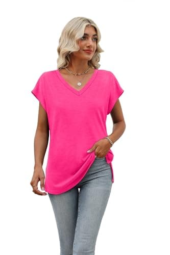 Womens Cap Sleeve Summer Tops Trendy Tank Tops Sleeveless V Neck Loose Fit Shirts Hot Pink XL - Image 2