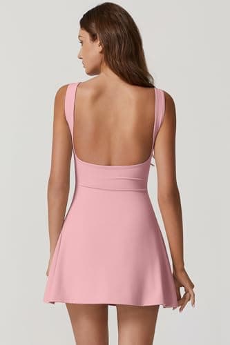 QINSEN Exercise Workout Dress for Women Boat Neck Sleeveless Flare Tennis Dress with Shorts Pockets Pink L - Image 2