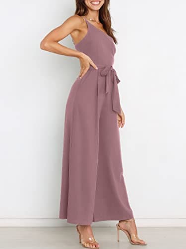 ANRABESS Women Summer Dressy Jumpsuits One Shoulder Sleeveless Casual Wide Leg Pants Romper Jumper 2025 Trendy Fall Outfits Pink X-Large - Image 2