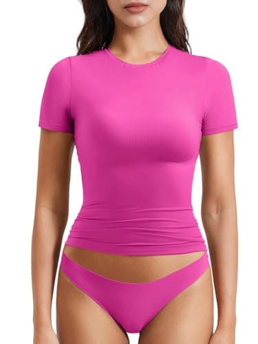 YEOREO Women Fitted Workout Tops Short Sleeve Double Lined Basic Y2K Going Out Crew Neck Compression Crop Top Rose M - Image 1