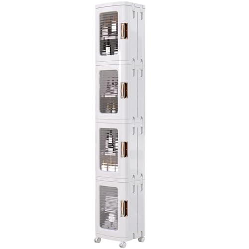 VECELO 4-Tier Plastic Tall Narrow Storage Cabinet with Movable Wheels, Adjustable Shelves, Magnetic Doors, Slim Bathroom Organizers and Storage for Small Space, Bathroom, Kitchen, Laundry, White - Image 1