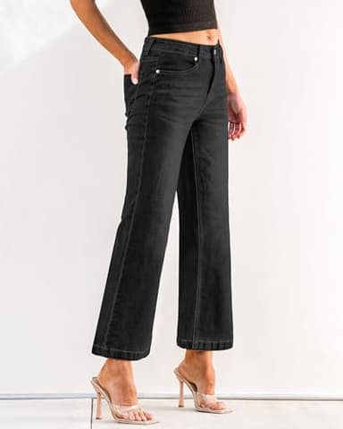 GRAPENT Black High Waisted Wide Leg Pants for Women - Petite Soft Black Size M, 8, 10 - Image 3