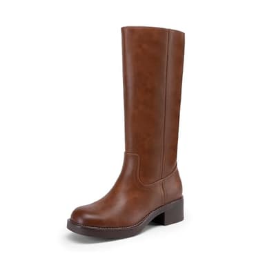 DREAM PAIRS Womens Knee High Boots Square Toe Platform Chunky Block Heel Banana Campus Boots for Women Comfortable Low Heel Side Zipper Womens Riding Tall Boots,Size 8.5,Light Brown,DWUMKB2539 - Image 1