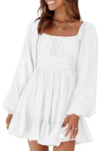 Dokotoo Women's Lantern Long Sleeve Dresses Tie Back Square Neck Fall Dresses Ruffled Off Shoulder A-Line Midi Dress Casual Mini Dress for Women White Medium - Image 1