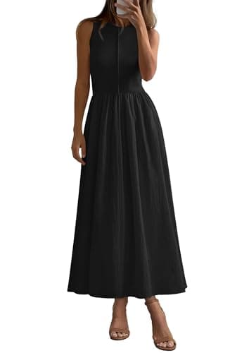 PRETTYGARDEN Maxi Dresses for Women 2025 Summer Casual Sleeveless Patchwork Flowy Vacation Sundress Knit Long Work Tank Dress(Black,Large) - Image 1