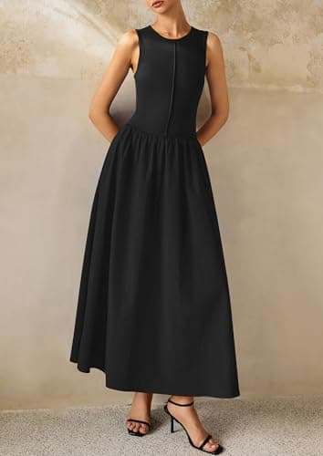 PRETTYGARDEN Maxi Dresses for Women 2025 Summer Casual Sleeveless Patchwork Flowy Vacation Sundress Knit Long Work Tank Dress(Black,Large) - Image 5