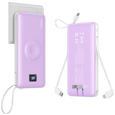 ANOUV Portable Charger with Built-in-Cable&AC Wall Plug& Magnetic Wireless iWatch Charger,10000mAh Power Bank,PD 22.5W Fast Charging Battery Pack Compatible with iPhones and Apple Watch etc.(1 Pack) - Image 1