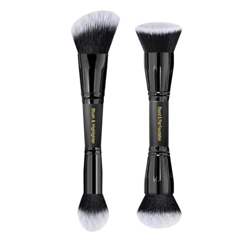 LORYP Black Makeup Brushes 2Pcs Duo End Foundation Powder Brush Set, Blush & Highlighter Brush and Round & Flat Foundation Brush - Image 1