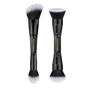 LORYP Black Makeup Brushes 2Pcs Duo End Foundation Powder Brush Set, Blush & Highlighter Brush and Round & Flat Foundation Brush - Image 1