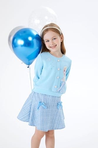 Disney Frozen Elsa Toddler Girl 2 Piece Outfit Blue Long Sleeve Snowflake Print Pearl Button Knit Top & Tweed Skirt Set Birthday Elegant Dress 5-6Y - Image 3