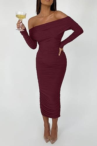 PRETTYGARDEN Women's Fall Off Shoulder Maxi Bodycon Dress Long Sleeve Ruched Fitted Club Dresses with Slit (Wine Red,Medium) - Image 5