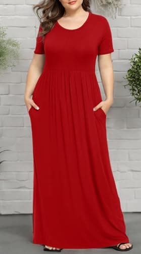 LONGYUAN Casual Plus Maxi Dress for Ladies 2025 Summer Short Sleeve Women's Plus Size Long Dresses Red, XL - Image 5