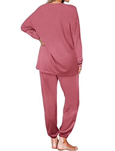 Aloodor Lounge Sets for Women Round Neck Cute Pajamas Sets Loungewear with Pocket Pink S - Image 4