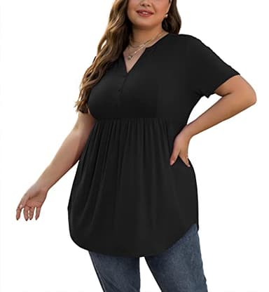 SHIJIALI Women's Plus Size Henley Shirts V Neck Tunic Tops Casual Short Sleeve Swing Flowy Blouse Pure Black-XX-Large - Image 3