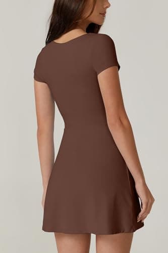 QINSEN Short Sleeve Athletic Dress for Women High Waist Side Slit Tennis Dress Built in Shorts Golf Active Dress Chestnut M - Image 2