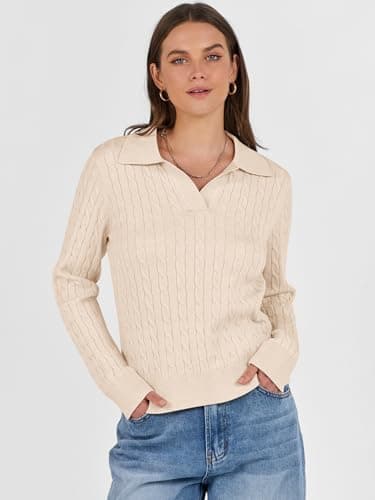 ANRABESS Womens Cable Knit Sweaters Long Sleeve V Neck Sweater Tops Casual Pullover Polo Shirts 2025 Fall Fashion Outfits Parchment Beige L - Image 3