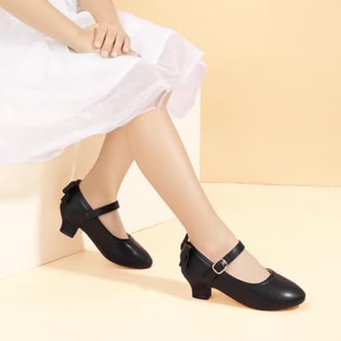 PANDANINJIA Girls Toddler/Little Kid Jada Dress Mary Jane Pumps with Heels Bow Party Wedding Princess Shoes (Black Pu, 12 M US Little Kid) - Image 6