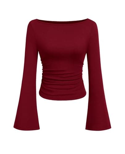 PRETTYGARDEN Women's Long Sleeve Shirts 2025 Fall Crop Going Out Tops Casual Boat Neck Bell Sleeve Ribbed Ruched Y2K Clothes (Burgundy,Large) - Image 1