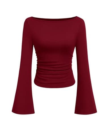 PRETTYGARDEN Women's Long Sleeve Shirts 2025 Fall Crop Going Out Tops Casual Boat Neck Bell Sleeve Ribbed Ruched Y2K Clothes (Burgundy,Large) - Image 1