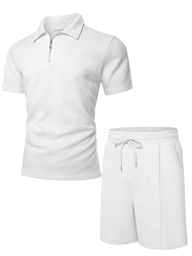 UOUA Mens Track Suits 2 Piece Sets Short Sleeve Sweatsuit Outfits Casual Quarter Zip Golf Polo Shirts & Summer Jogger Shorts Outdoor Sets White XL - Image 5