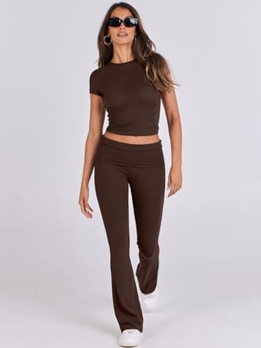 ANRABESS Lounge Sets for Women 2 Piece Foldover Yoga Flare Leggings Pants Crop Tops Casual Y2K Outfits Matching Tracksuit Set Brown Small - Image 9