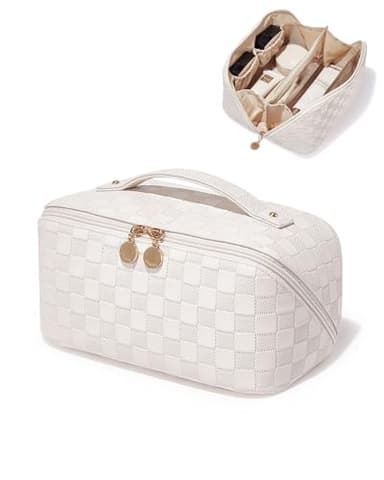 EACHY Travel Makeup Bag, Large Capacity Cosmetic Bags for Women, Waterproof Portable Open Flat Toiletry Bag Make up Bag with Divider and Handle, Gifts for Women (White-4, Medium) - Image 1