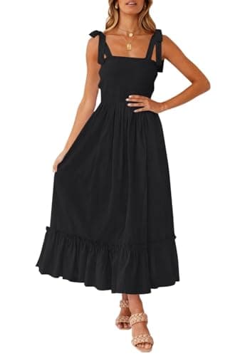 ZESICA Women's 2025 Summer Boho Spaghetti Strap Square Neck Solid Color Ruffle A Line Beach Long Maxi Dress,Black,Medium - Image 1