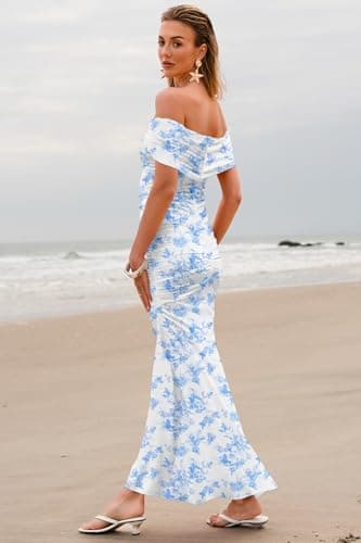 LUXVEER Women's Mesh Floral Dress 2025 Summer Off Shoulder Ruched Bodycon Long Maxi Fitted Night Out Wedding Guestes Dresses Blue - Image 4
