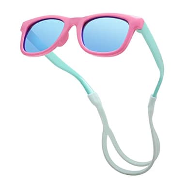 COASION Bendable Flexible Polarized Newborn Baby Sunglasses with Silicon Strap for Infant Boys Girls Age 0-12 Months (Pink-Green/Blue Mirror) - Image 1