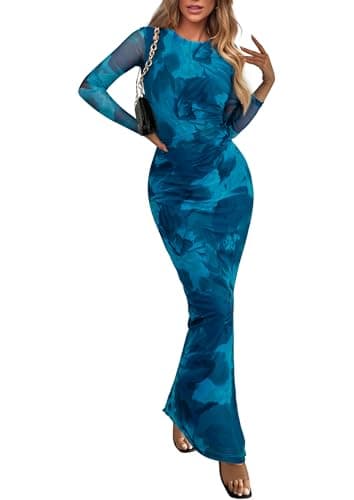 PRETTYGARDEN Women's Bodycon Maxi Dress Fall Spring Fashion Long Sleeve Floral Print Tight Fitted Party Club Ruched Dresses (Print Blue Green,Small) - Image 1