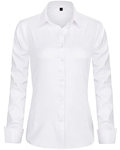 J.VER Womens Dress Shirts Long Sleeve Button Down Shirt Wrinkle-Free Business Casual Blouse Office Work Tops White Large - Image 1