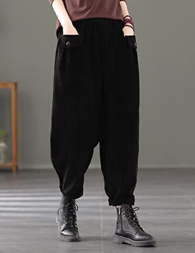 IXIMO Women's Cropped Corduroy Pants Casual Comfy Elastic Waist Cotton Trouser Front Pockets Black S - Image 4