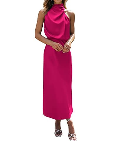 BTFBM Women Sleeveless Cocktail Dresses Fall Mock Neck Keyhole Elastic High Waist Evening Party Maxi Wedding Guest Dress(Rose Red, Small) - Image 1