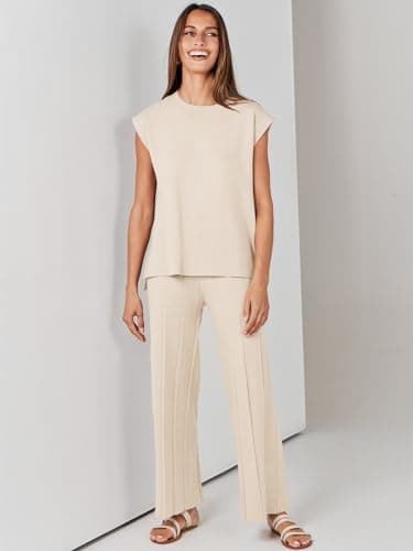 ANRABESS Women 2 Piece Lounge Sets Summer Casual Knit Sweater Vest Pant Set Beach Vacation Airport Outfits Clothes Apricot Medium - Image 8