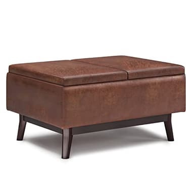 SIMPLIHOME Owen 34 inch Wide Mid Century Modern Rectangle Tray Top Small Coffee Table Storage Ottoman in Distressed Saddle Brown Vegan Faux Leather, Assembled, For the Living Room and Entryway - Image 1