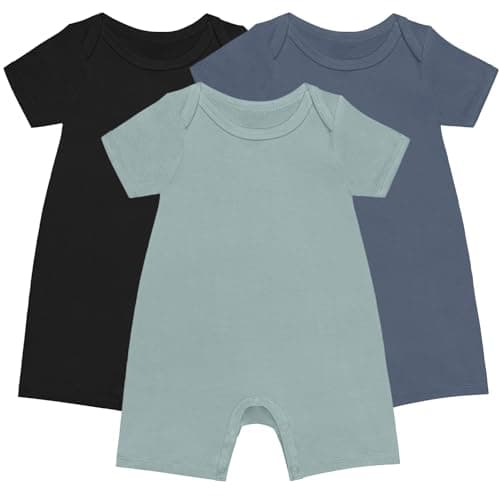 Rayon Baby Pajamas, Short Sleeve Footless Rompers, Snap Closure Sleeper for Boy Girls Black Sliver Matcha 6-12 Months 3pc - Image 1