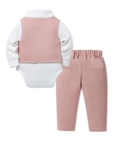SANMIO Baby Boy Clothes Suits Infant Gentleman Outfit Collared Dress Shirt+Vest+Tie+Corsage+Pants 5Pcs Baby Suit Sets Pink - Image 2