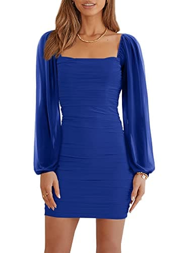 Wenrine Women's Mesh Long Sleeve Square Neck Ruched Party Club Cocktail Bodycon Mini Dress Blue - Image 1