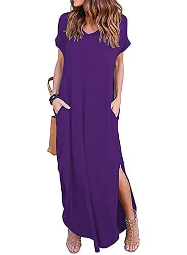 Arolina Women's Summer Maxi Dress Short Sleeve V Neck Casual Loose Long Beach Split Dresses with Pockets Purple - Image 1