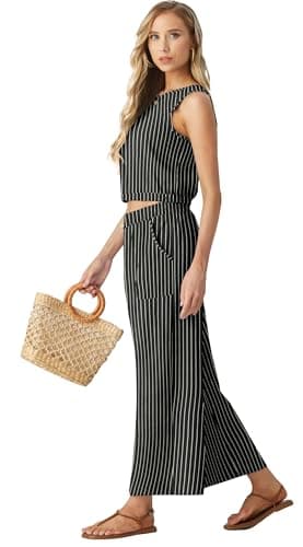 GRECERELLE 2 Piece Sets Summer Resort Wear for Women 2025 Sleeveless Crop Top Wide Leg Pants Sweat Set for Women Black Stripe-L - Image 4