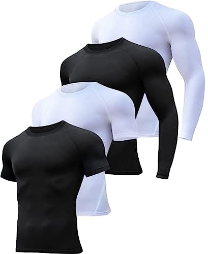 HOPLYNN 4 Pack Workout Compression Shirts Men Long/Short Sleeve Rash Guard Athletic Undershirt Gear T Shirt for Sports 2 Black 2 White M - Image 1
