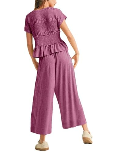 Antnation Womens 2 Piece Smocked Top Wide-Leg Pants Set High-Waisted Lounge Outfit with Pockets Casual Boho Matching Set(Purple-S) - Image 6