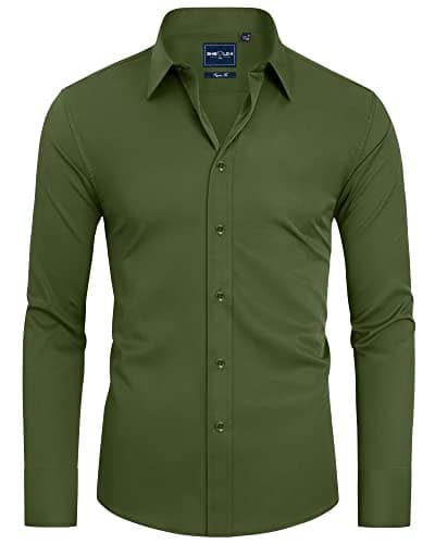 Alimens & Gentle Slim Fit Dress Shirts for Men Long Sleeve Stretch Stain Proof Wrinkle Free Button Down Shirts Formal Shirts Army Green - Image 1