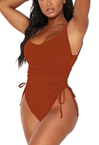 Viottiset Women's Drawstring One Piece Swimsuit Tummy Control Ruched Cheeky Bathing Suit Burnt Orange Large - Image 3