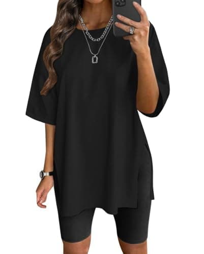 VNIRA Oversized T Shirt for Women Losse Fit Cotton Short Sleeve Workout Top Summer Casual Blouse Basic Split Hem Tee Tops Black - Image 1
