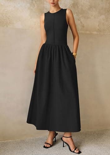 PRETTYGARDEN Maxi Dresses for Women 2025 Summer Casual Sleeveless Patchwork Flowy Vacation Sundress Knit Long Work Tank Dress(Black,Large) - Image 3